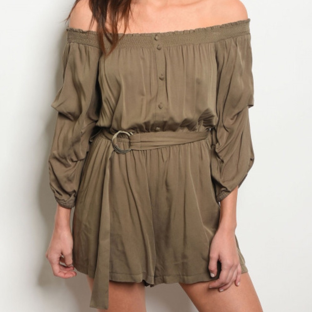 New Olive Off the Shoulder Belted Romper - Picture 5 of 5